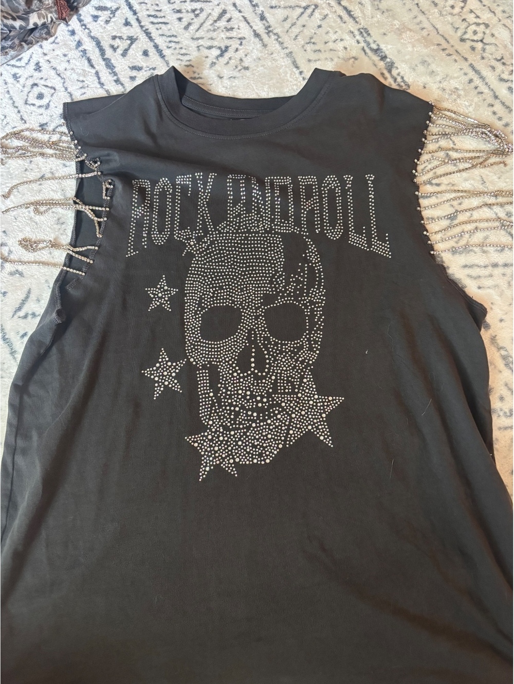 Modish Rebel Black Sleeveless Rock and Roll Skull Studded Top with Chain Fringe